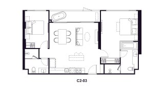 Apartment floor plan, 2 bedrooms in Origin Residences No. 11020