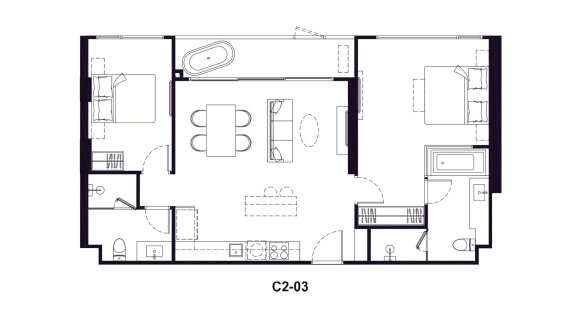 Apartment floor plan, 2 bedrooms in Origin Residences No. 11020 (2D)